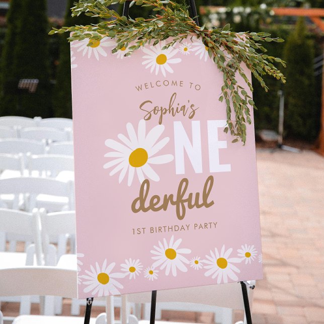 Retro Pink Daisy ONEderful 1st Birthday Party Poster (Creator Uploaded)