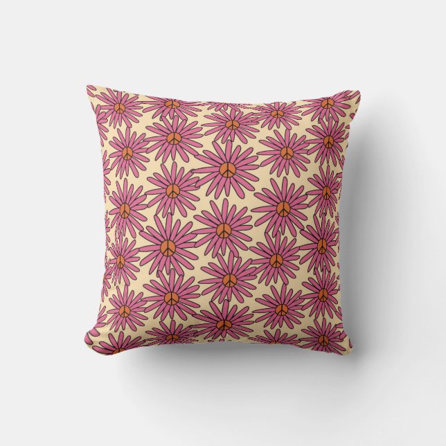 Retro Pink Daisy Peace Pattern Cushion (Front)