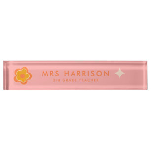 Retro pink Daisy teacher name plate for desk