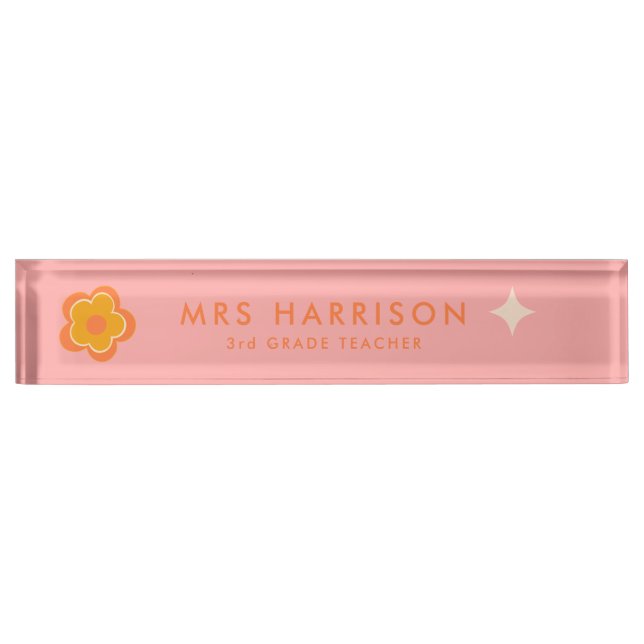 Retro pink Daisy teacher name plate for desk (Front)