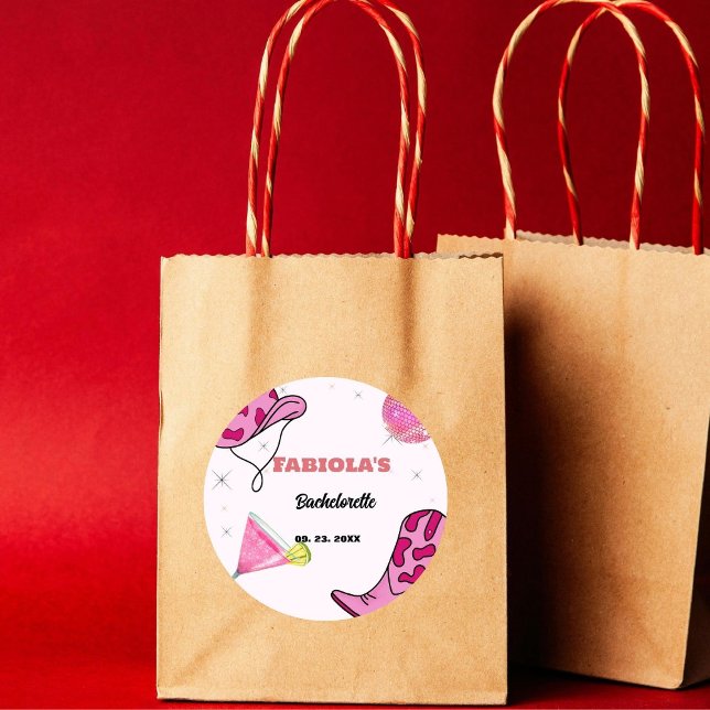 Retro Pink Disco Cowgirl Western Bachelorette  Classic Round Sticker (Creator Uploaded)