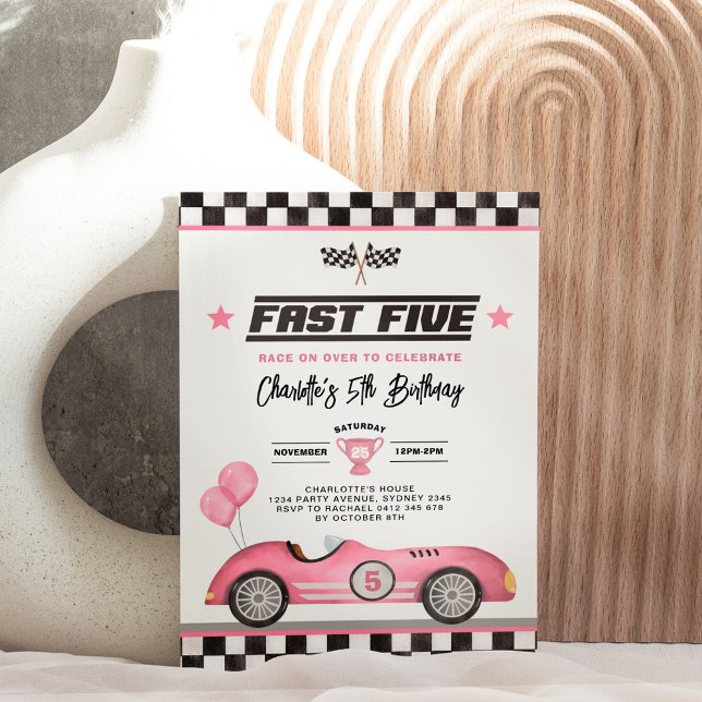 Retro Pink Fast Five Race Car Girl 5th Birthday Invitation (Creator Uploaded)
