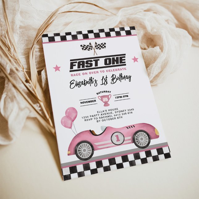 Retro Pink Fast One Race Car Girl 1st Birthday Invitation (Creator Uploaded)