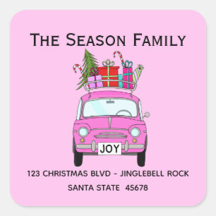 Retro Pink Fiat 500 with Christmas Gifts Square Sticker