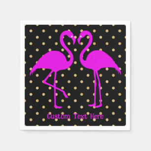 Retro Pink Flamingo Black Gold Polka Dot Pattern Napkin
