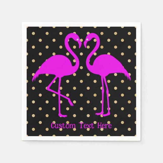 Retro Pink Flamingo Black Gold Polka Dot Pattern Napkin (Front)