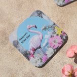 Retro Pink Flamingo Collage Coaster<br><div class="desc">This retro-inspired design features a bold, pastel-pink flamingo set against a bright blue backdrop, creating a serene yet striking contrast. Surrounding the flamingo, delicate flowers in shades of pink, yellow, and white evoke a dreamy, vintage garden feel, blending nature and pop art effortlessly. Perfect for lovers of quirky, feminine designs,...</div>