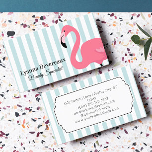 Retro Pink Flamingo Soft Blue Stripes Business Card