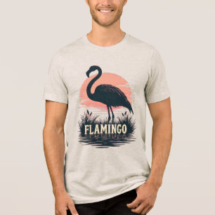 Retro Pink Flamingo Sunset Silhouette Water Art Tri-Blend Shirt