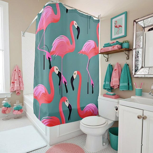 Retro pink flamingos shower curtain (Creator Uploaded)