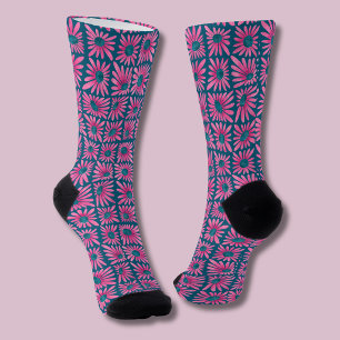 Retro Pink Floral Block Print Daisy Socks