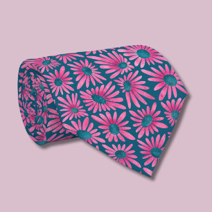 Retro Pink Floral Block Print Daisy Tie