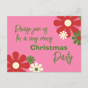 Retro Pink Floral Christmas Party Invitation Postcard