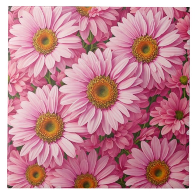 Retro pink floral daisy pattern ceramic tile (Front)