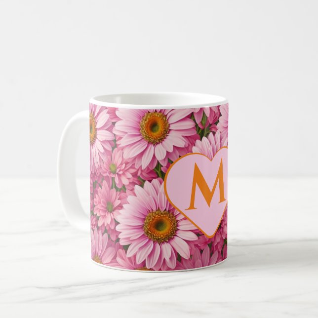 Retro pink floral daisy pattern coffee mug (Front Left)