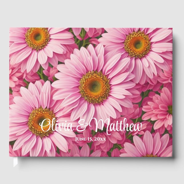 Retro pink floral daisy pattern guest book (Front)