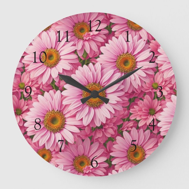 Retro pink floral daisy pattern large clock (Front)