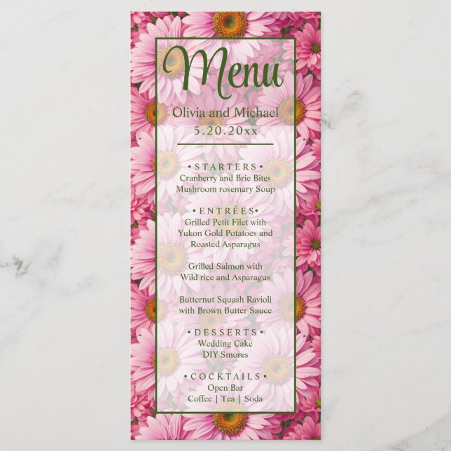 Retro pink floral daisy pattern menu (Front)