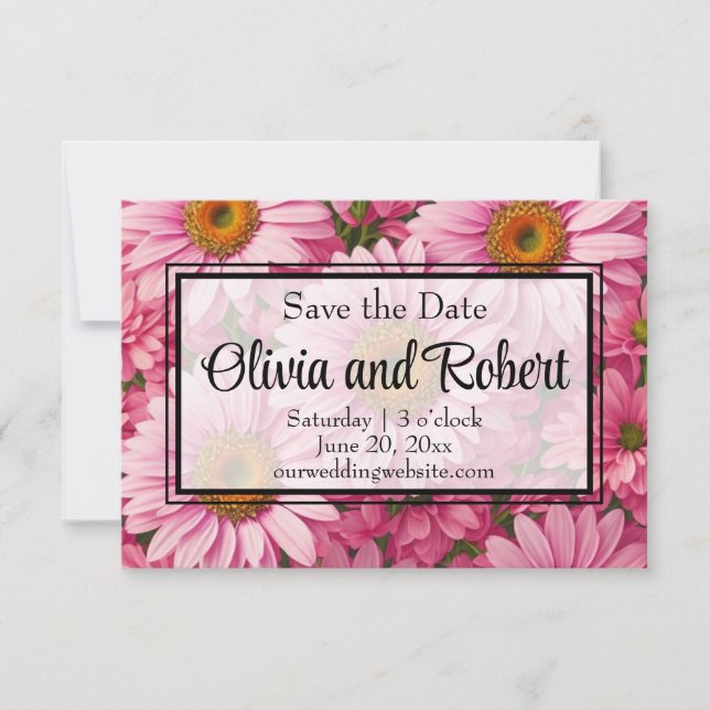 Retro pink floral daisy pattern save the date (Front)