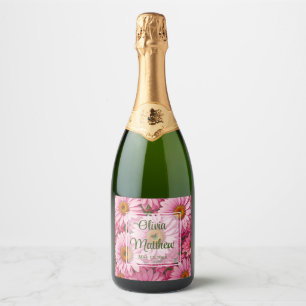 Retro pink floral daisy pattern sparkling wine label