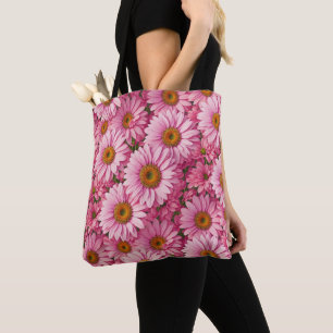 Retro pink floral daisy pattern tote bag