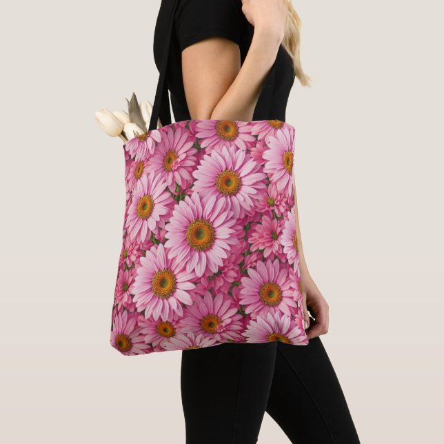 Retro pink floral daisy pattern tote bag (Close Up)