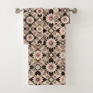 Retro Pink Floral Diamond Mid Century Modern Bath Towel Set