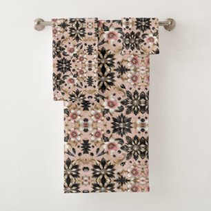 Retro Pink Floral Diamond Mid Century Modern Bath Towel Set
