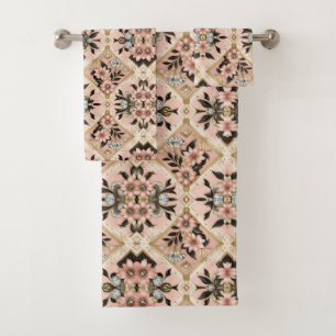 Retro Pink Floral Diamond Mid Century Modern Bath Towel Set