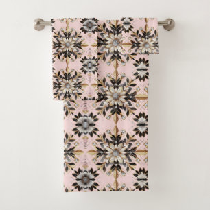 Retro Pink Floral Diamond Mid Century Modern Bath Towel Set