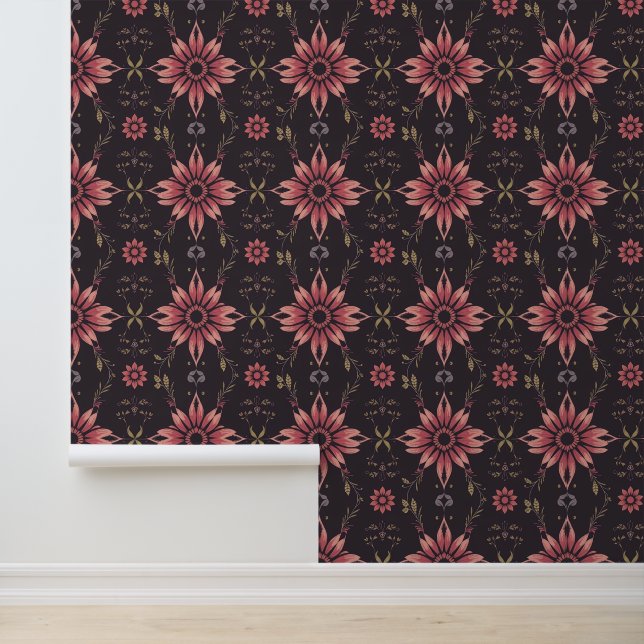 Retro Pink Floral Pattern on Dark Background Wallpaper (Application)