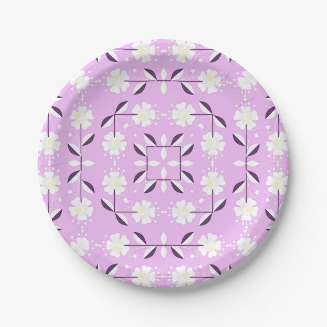 Retro, Pink floral pattern Paper Plate (Front)