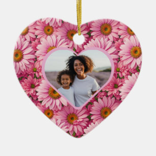 Retro pink floral pink daisies photo template  ceramic ornament