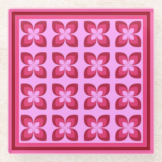 Retro Pink Flower Pattern Beverage Glass Coaster (Front)