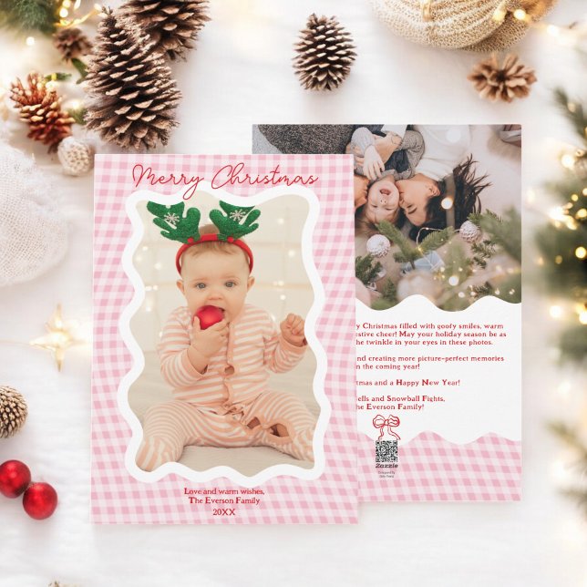 Retro Pink Gingham Merry Christmas Wavy 2 photos Holiday Card (Retro Pink Gingham Merry Christmas Wavy 2 photos Holiday Card)