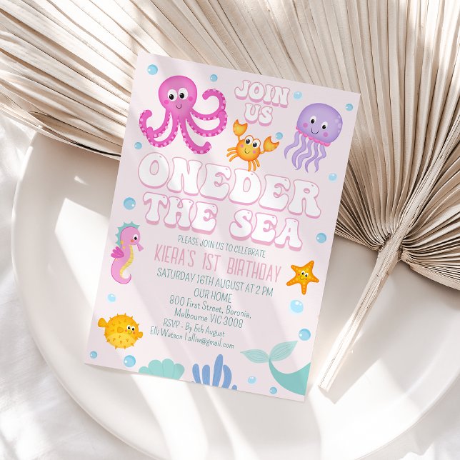 Retro Pink Girls Oneder The Sea First Birthday Invitation (Pink Oneder the Sea 1st Birthday Invitation Template Baby Girl Under Sea 1st Birthday Invitation)