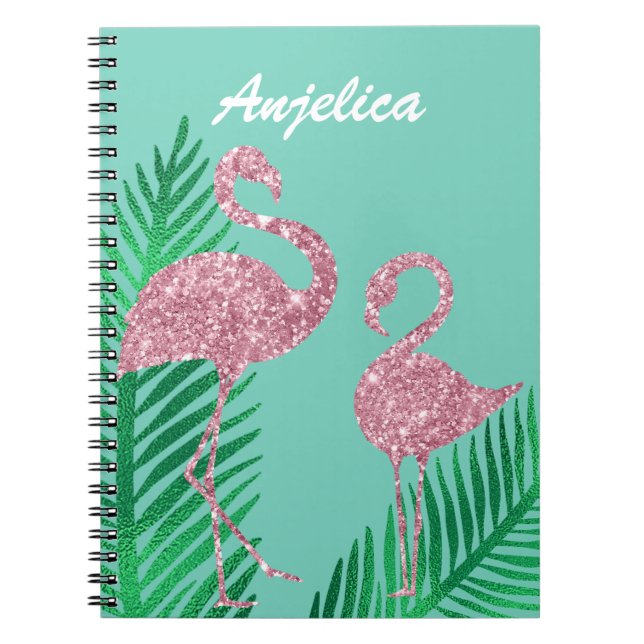 Retro Pink Glitter Flamingo and Palm Leaves Notebook (Front)