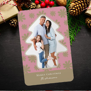 Retro Pink & Gold Floral Tree Shaped Photo Holiday Magnet