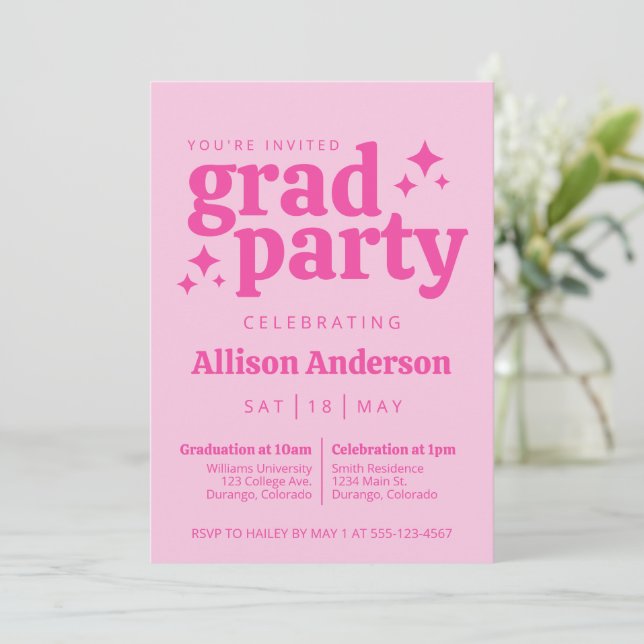 Retro Pink Graduation Party Invitation with Photo (Standing Front)