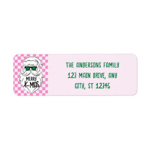 Retro Pink Green Checkered Santa Claus Christmas Return Address Label