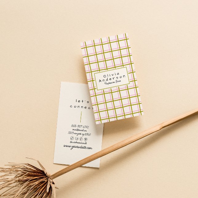 Retro Pink Green Chequered Stripes Trendy Boho  Business Card (Creator Uploaded)