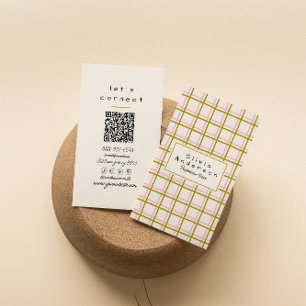 Retro Pink Green Chequered Stripes Trendy QR Code Business Card