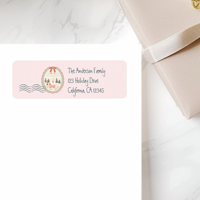 Retro Pink Green Christmas Return Address Label (Creator Uploaded)