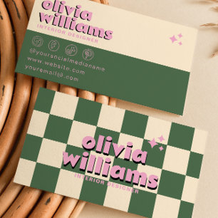Retro Pink Green Colourful Groovy Chequered Funky Business Card