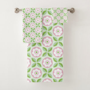 Retro Pink Green Floral Geometric Pattern Bath Towel Set