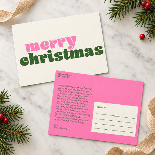 Retro Pink Green Merry Christmas Family Letter Postcard