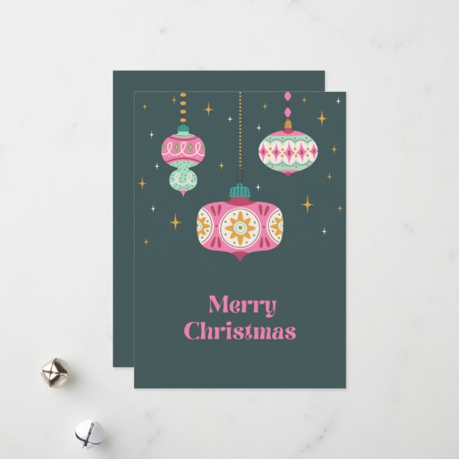 Retro Pink Green Non Photo Christmas Ornament Holiday Card (Front/Back In Situ)