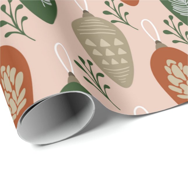 Retro Pink & Green Ornaments Christmas Pattern Wrapping Paper (Roll Corner)