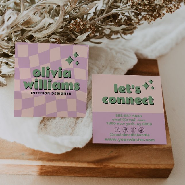 Retro Pink Green Pastel Groovy Checkered Girly Fun Square Business Card (Creator Uploaded)