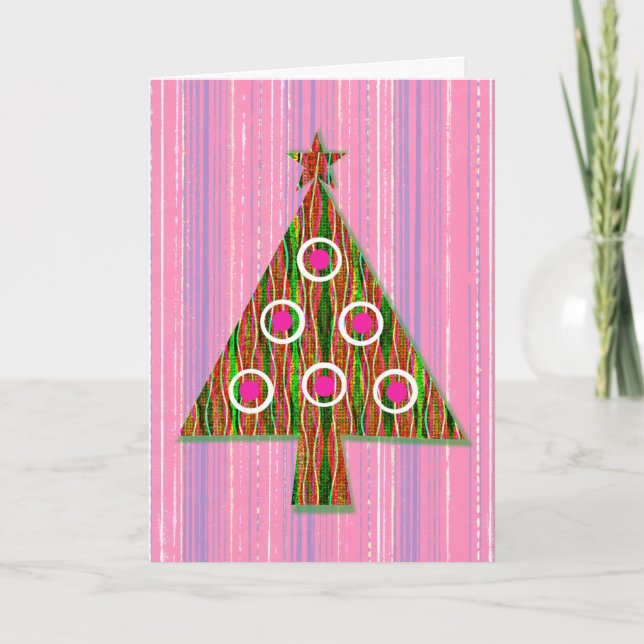 Retro Pink Green Pop Art Christmas Tree Card (Front)